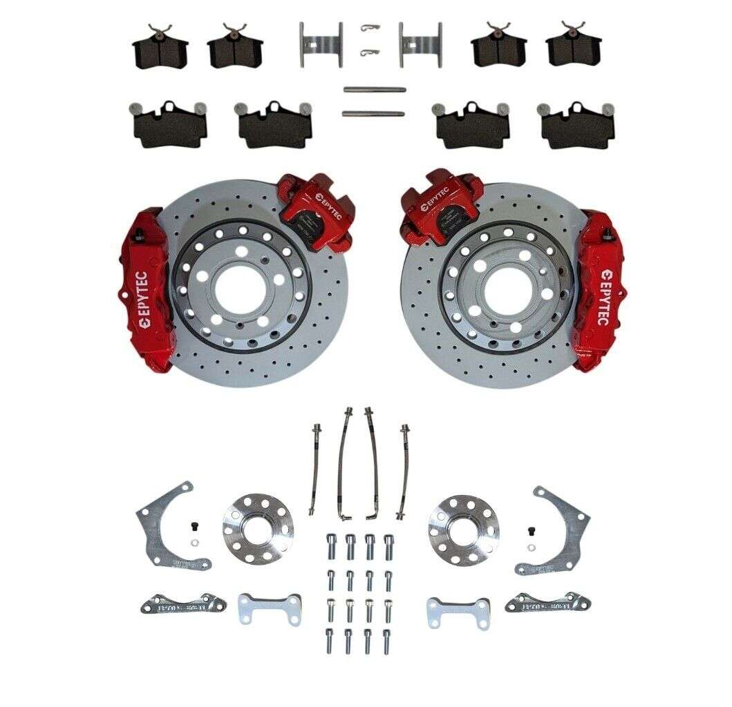 Großes Bremsanlagen KIT Hinterachse VW Golf 4 Bora VW Polo 6r WRC 1,8T Polo Audi A3  Porsche Cayenne - Farbe Bremssättel: Rot mit Epytec Logo Großes Bremsanlagen KIT Hinterachse VW Golf 4 Bora VW Polo 6r WRC 1,8T Polo Audi A3  Porsche Cayenne - Farbe Bremssättel: Rot mit Epytec Logo