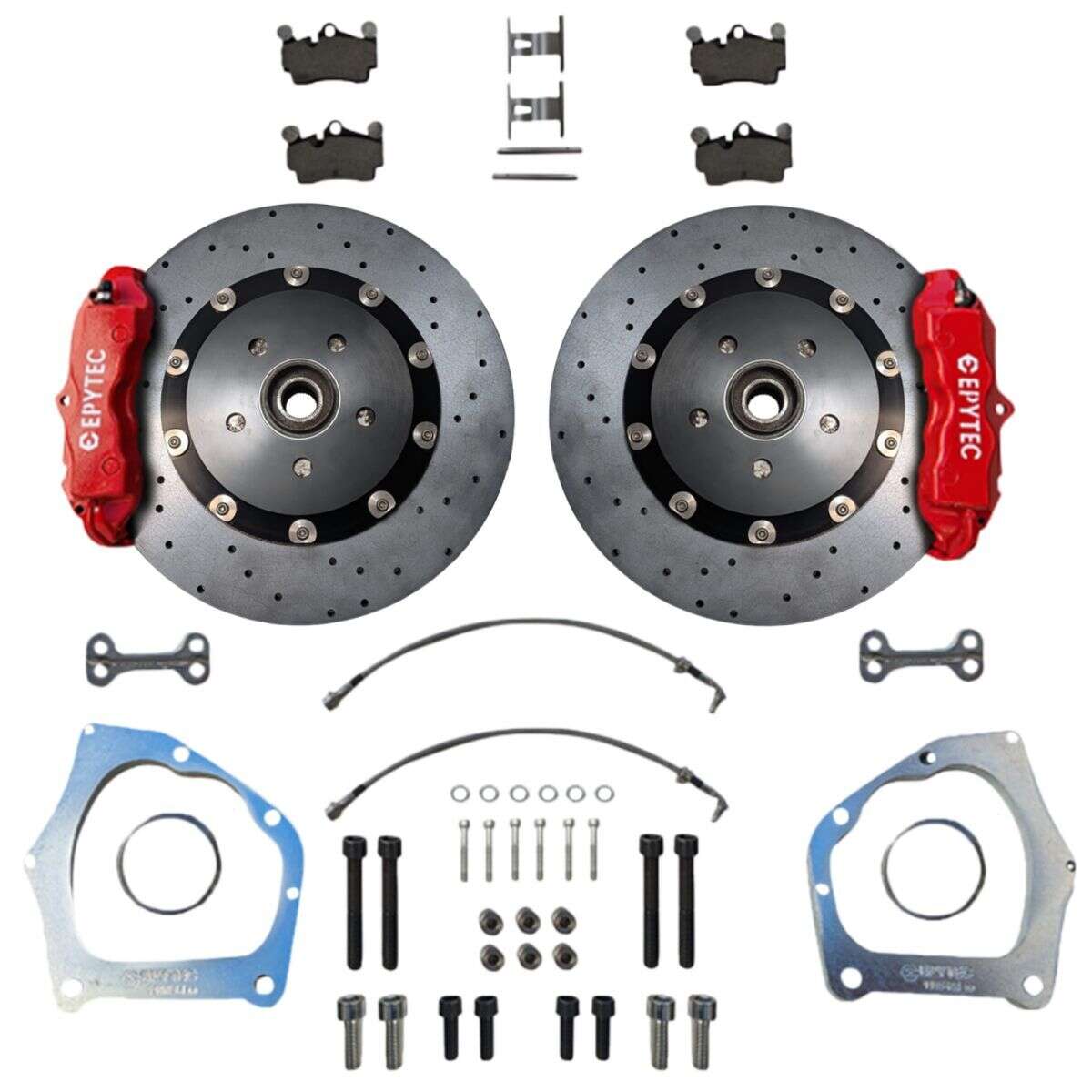 Grand KIT de système de freinage arrière Audi TTRS Passat Audi Q3 Porsche Cayenne étrier 4 pistons VW Golf 5R 6R étrier de frein à main disque de frein céramique 355x22 - Étrier de frein homologué : Rouge avec logo Epytec