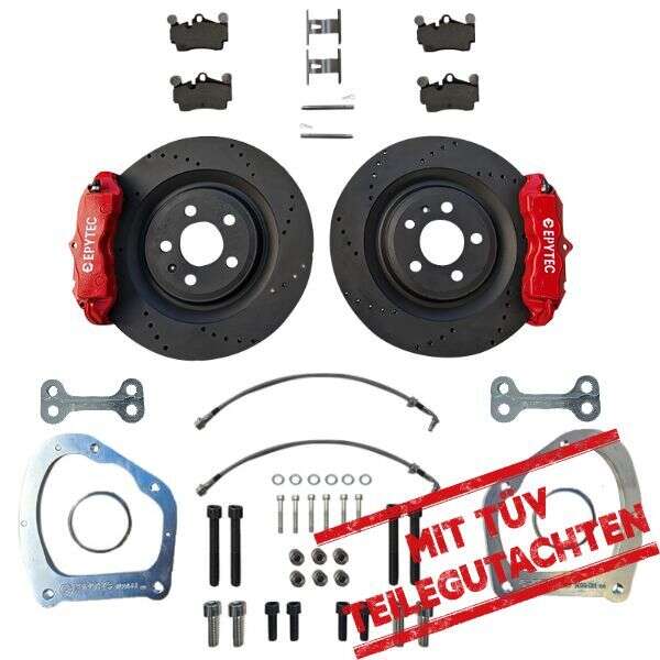 Grand KIT de freinage essieu arrière Golf 8 Audi A3 Seat Leon Porsche Cayenne Etrier à 4 pistons VW Golf 8R Etrier de frein à main 356x22 Disque de frein avec certificat de conformité - Couleur étrier de frein : rouge avec logo Epytec