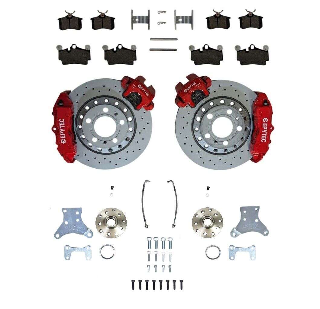 Big Brake systems KIT rear axle Golf 1 2 3 Caddy 14D Jetta Porsche Cayenne 4-piston caliper VW Golf 4 R32 handbrake caliper 310x22 Brake disc - wheel hubs Pitch circle: 5x112 - Farbe Bremssattel: Rot mit Epytec Logo