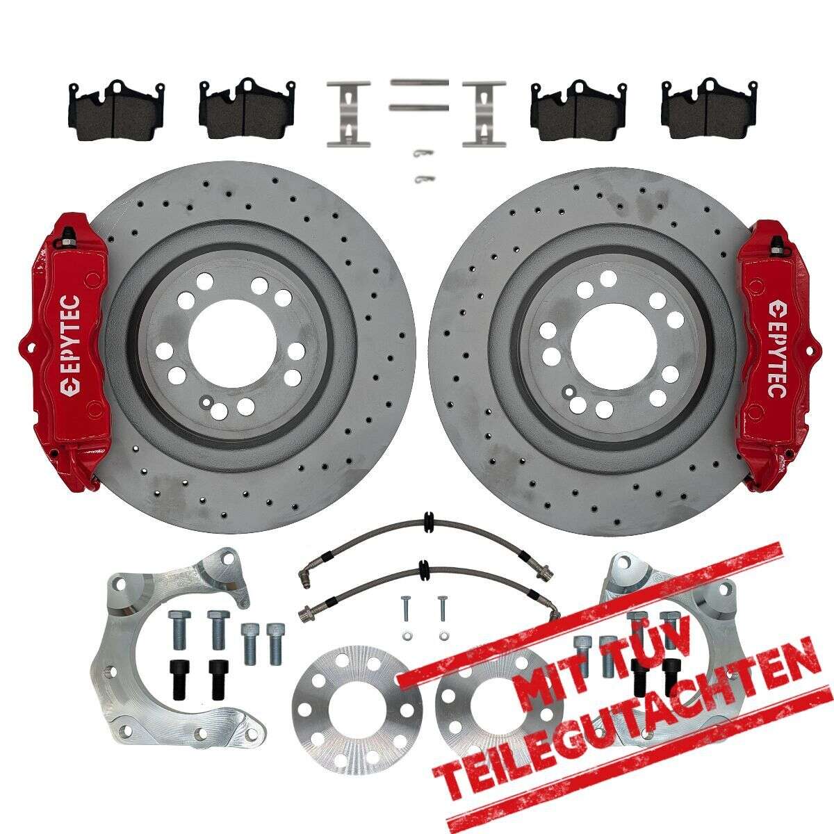 KIT de système de freinage grand essieu arrière VW T5 T6 Bus Porsche Cayenne étrier 4 pistons VW T5 Bus étrier de frein à main 330x22 disques de frein avec certificat de pièces - couleur de l'étrier de frein : rouge avec Epytec Logo