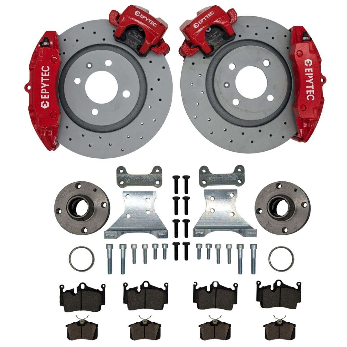 Large brake system KIT rear axle Golf 3 Porsche + S3 caliper adapter Porsche 996 4-piston caliper Audi S3 8L handbrake caliper 280mm brake disc - Colour brake calipers: red with Epytec logo - Wheel hubs bolt circle: 4x100
