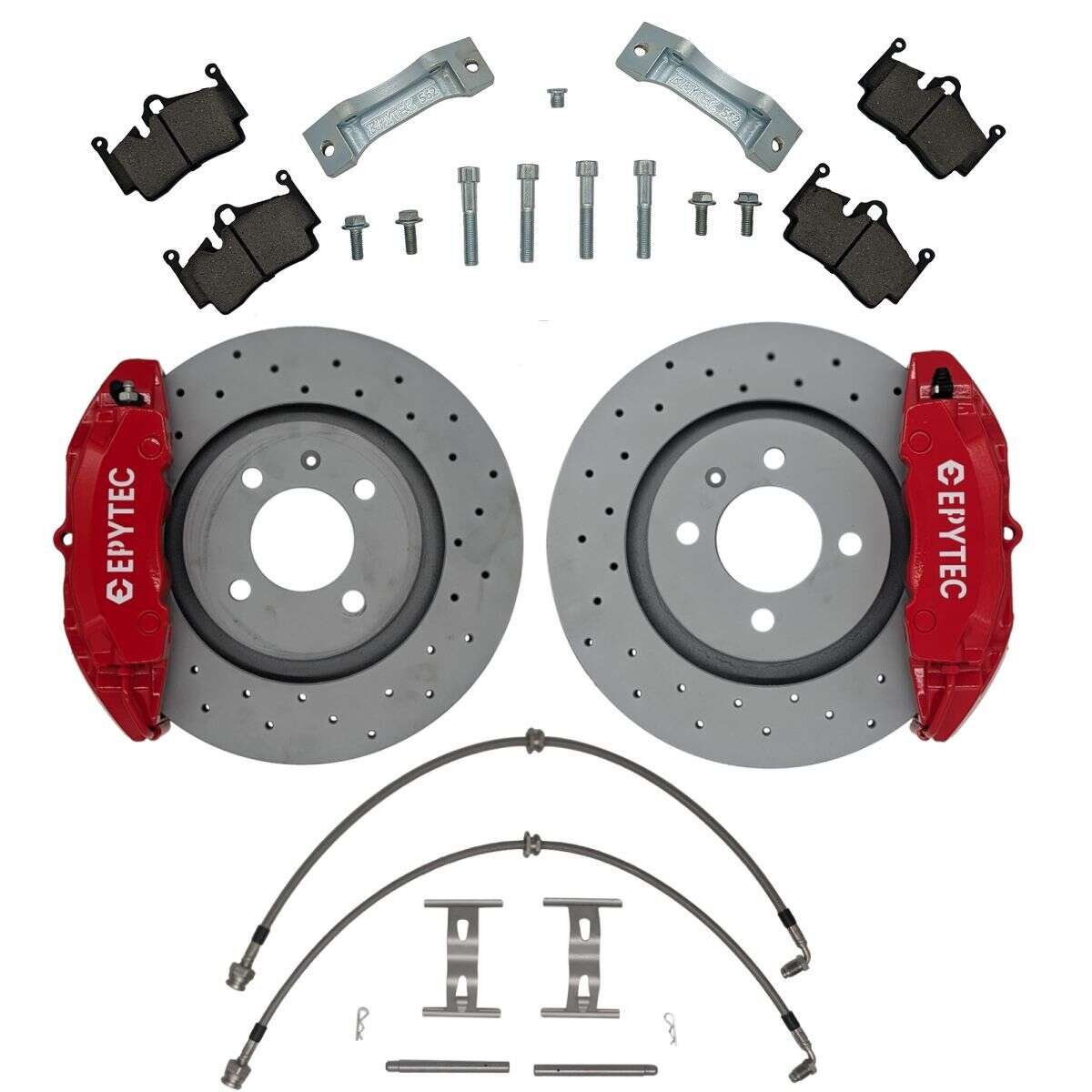 Bremsanlagen KIT VW Golf 1 Caddy Scirocco 4-Kolben Porsche Boxter 986er Bremssättel 280x22mm Bremsscheibe - Farbe Bremssattel: Rot mit Epytec Logo