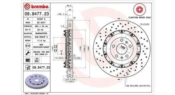 2x brake disc Brembo Sport 365x34 with bolt circle 5x100