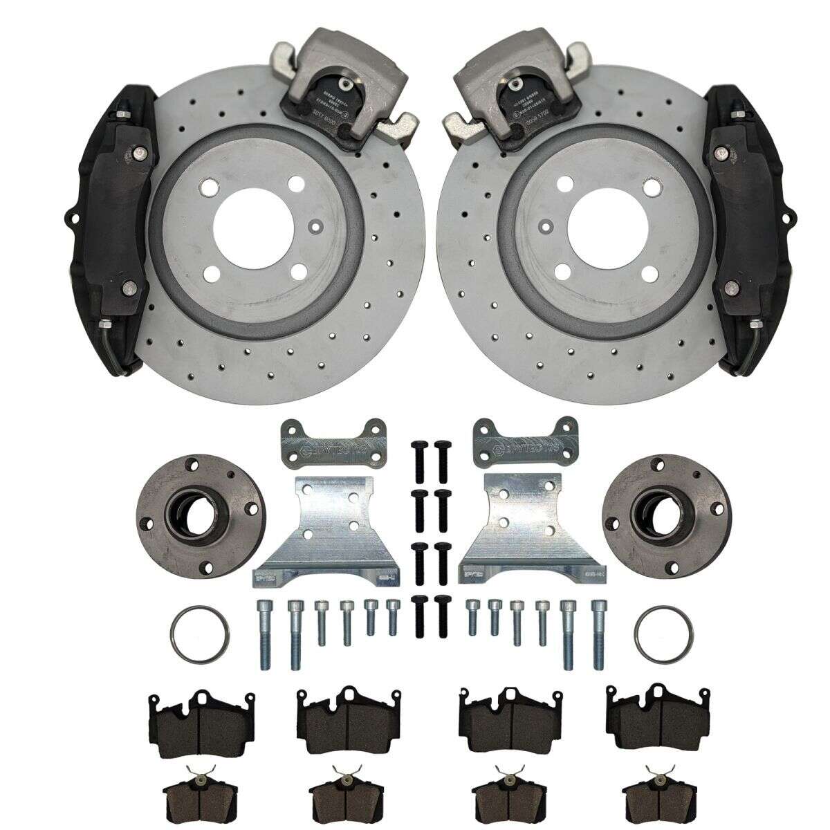 Large brake system KIT rear axle Golf 3 Porsche + S3 caliper adapter Porsche 996 4-piston caliper Audi S3 8L handbrake caliper 280mm brake disc - Colour brake calipers: Blank without colour - Wheel hubs bolt circle: 4x100