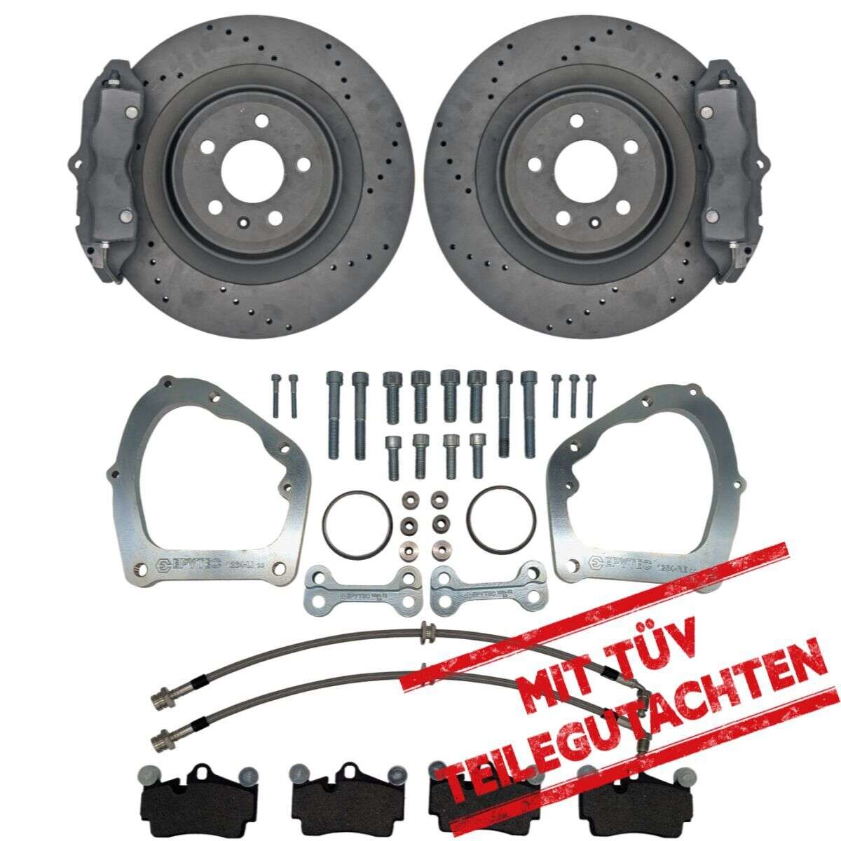 Großes Bremsanlagen KIT Hinterachse VW Golf 7 Audi A3 Porsche Cayenne 4-Kolben Sattel VW Golf 7R Handbremssattel 356x22 Bremsscheibe mit Teilegutachten  - Farbe Bremssattel: Blank ohne Farbe