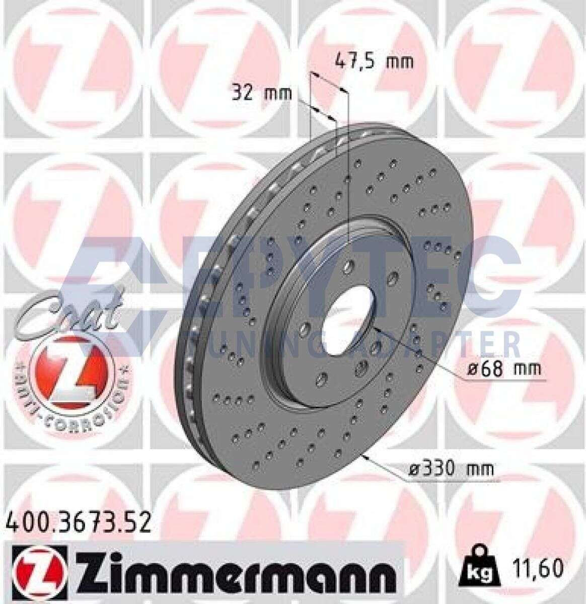 2x brake disc Zimmermann Sport 330x32 with 68mm machined hub bore