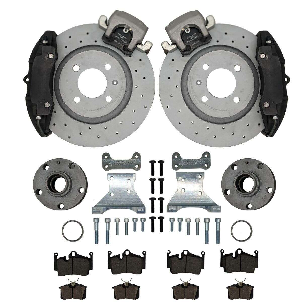 Large brake system KIT rear axle Golf 3 Porsche + S3 caliper adapter Porsche 996 4-piston caliper Audi S3 8L handbrake caliper 280mm brake disc - Colour brake calipers: Blank without colour - Wheel hubs bolt circle: 5x100