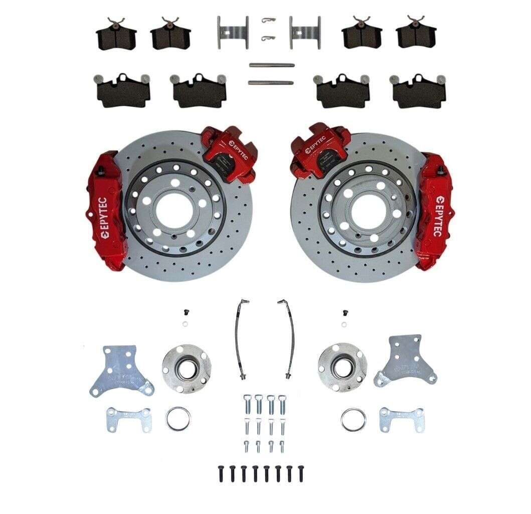 Big Brake system KIT rear axle Golf 1 2 3 Caddy 14D Jetta Porsche Cayenne 4-piston caliper VW Golf 4 R32 handbrake caliper 310x22 brake disc - wheel hubs bolt circle: 5x100 - color brake calipers: red with Epytec logo - Farbe Bremssattel: Rot mit Epy