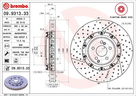 2x brake disc Brembo two-piece Mercedes Benz AMG SL Cabrio GT Roadster 390x36mm 09.9313.33 2x brake disc Brembo two-piece Mercedes Benz AMG SL Cabrio GT Roadster 390x36mm 09.9313.33