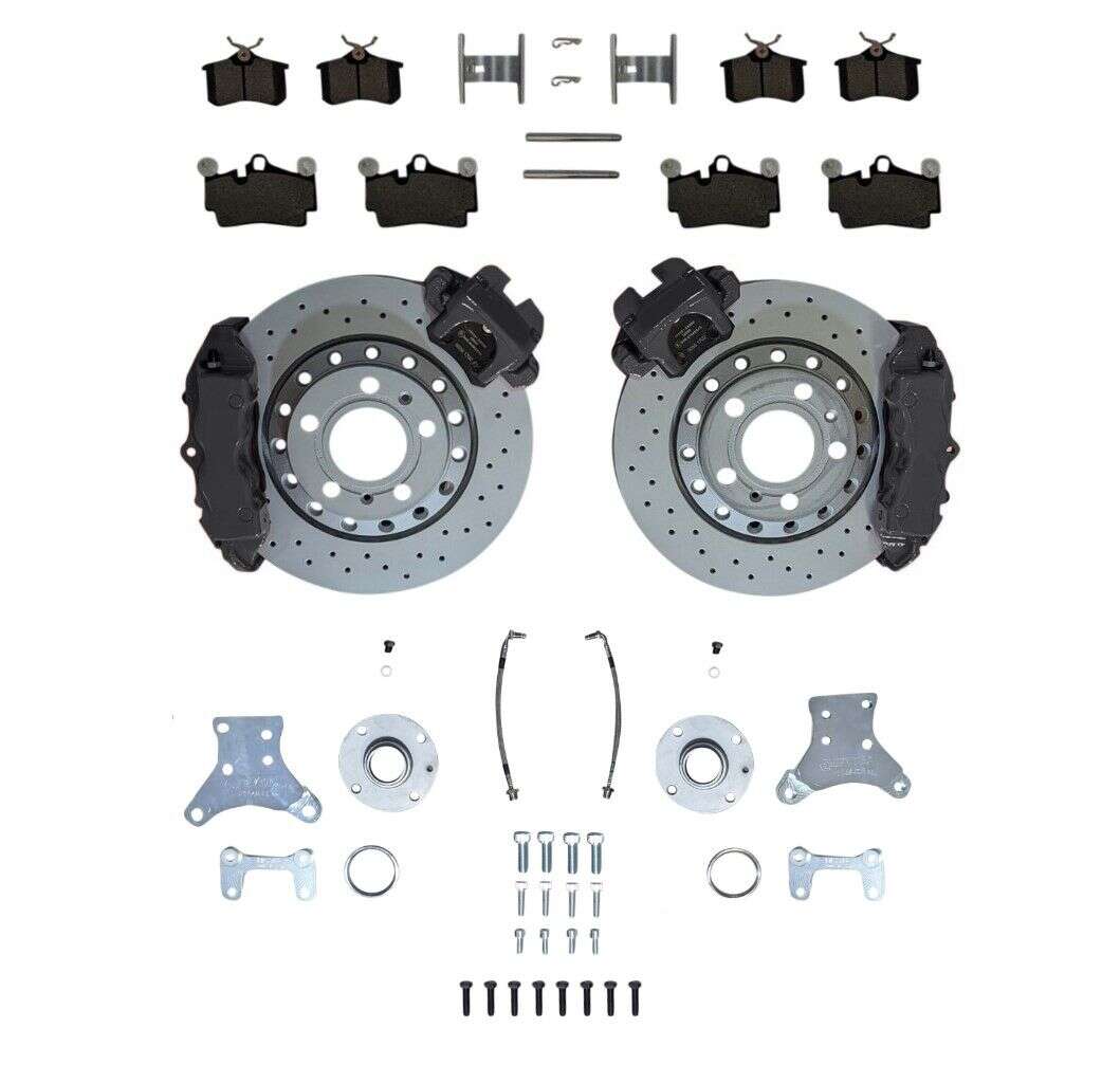 Big Brake system KIT rear axle Golf 1 2 3 Caddy 14D Jetta Porsche Cayenne 4-piston caliper VW Golf 4 R32 handbrake caliper 310x22 brake disc - wheel hubs bolt circle: 5x100 - color brake calipers: blank without color - Farbe Bremssattel: Blank ohne F