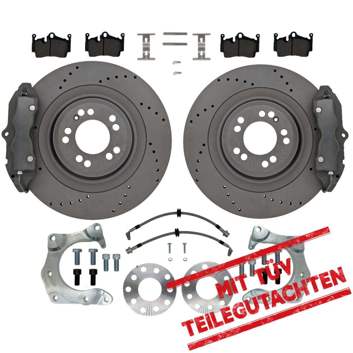 Grand KIT de freinage essieu arrière VW T5 T6 Bus Porsche Cayenne Etrier à 4 pistons VW T5 Bus Etrier de frein à main 356x22 Disques de frein avec certificat de conformité - Couleur de l'étrier de frein : Blank sans couleur