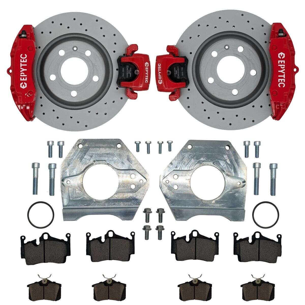 Grand KIT de systèmes de freinage essieu arrière VW T3 Bus Porsche Etrier de frein à main et câble de frein à main de la Golf 4 R32 - Couleur de l'étrier de frein : rouge avec logo Epytec