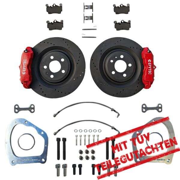 Großes Bremsanlagen KIT Hinterachse Touran Jetta Audi TT Skoda Porsche Cayenne 4-Kolben Sattel VW Golf 7R Handbremssattel 356x22 Bremsscheibe mit Teilegutachten - Farbe Bremssattel: Rot mit Epytec Logo