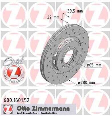 2x VW Golf GTI G60 Bremsscheibe Zimmermann Sport 280x22 Corrado Seat Cordoba Syncro 600.1601.52